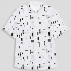 Men's Geometric Linen Shirt Casual Shirt Button Up Shirt Short Sleeve Daily Sports & Outdoors Outdoor Sports & Outdoor Office / Career Turndown Buttons Pocket White