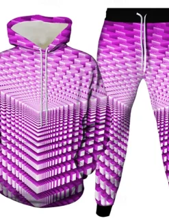 Men's Geometric Optical Illusion 2pcs 3D Sweatshirt Sets Tracksuit Hoodie Sweatshirt Long Sleeve Long pants Hooded Casual Daily Athleisure 3D Print Spring Fall Winter Yellow Green Red