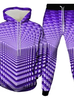 Men's Geometric Optical Illusion 2pcs 3D Sweatshirt Sets Tracksuit Hoodie Sweatshirt Long Sleeve Long pants Hooded Casual Daily Athleisure 3D Print Spring Fall Winter Yellow Green Red