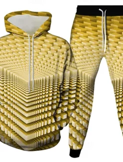 Men's Geometric Optical Illusion 2pcs 3D Sweatshirt Sets Tracksuit Hoodie Sweatshirt Long Sleeve Long pants Hooded Casual Daily Athleisure 3D Print Spring Fall Winter Yellow Green Red