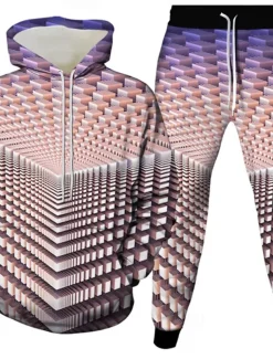 Men's Geometric Optical Illusion 2pcs 3D Sweatshirt Sets Tracksuit Hoodie Sweatshirt Long Sleeve Long pants Hooded Casual Daily Athleisure 3D Print Spring Fall Winter Yellow Green Red