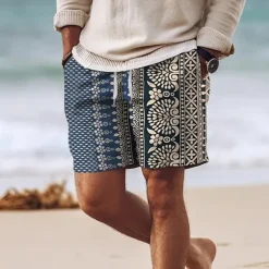 Men's Geometric Pattern Flower / Floral Swim Shorts Board Shorts Swimming Trunks Mid Waist Vintage Hawaiian Ethnic Style Holiday Beach Drawstring with Mesh lining Elastic Waist Designer Clothing