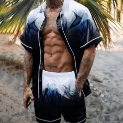 Men's Geometric Pattern Geometry 2pcs Shirts Sets Summer Hawaiian Shirt Short Sleeve Short Pants Turndown Tropical Fashion Hawaiian Casual Holiday Beach Print Summer Spring Black Yellow Red