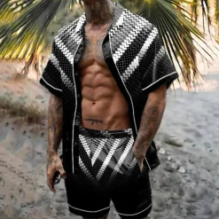 Men's Geometric Pattern Geometry 2pcs Shirts Sets Summer Hawaiian Shirt Short Sleeve Short Pants Turndown Tropical Fashion Hawaiian Casual Holiday Beach Print Summer Spring Black Yellow Red