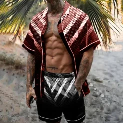 Men's Geometric Pattern Geometry 2pcs Shirts Sets Summer Hawaiian Shirt Short Sleeve Short Pants Turndown Tropical Fashion Hawaiian Casual Holiday Beach Print Summer Spring Black Yellow Red