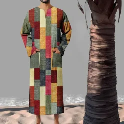 Men's Geometric Pattern Shirt Button Up Shirt Muslim Thobe Long Sleeve Vintage Fashion Designer Outdoor Fall & Winter V Neck Print Yellow Light Green Pink Blue Green