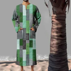 Men's Geometric Pattern Shirt Button Up Shirt Muslim Thobe Long Sleeve Vintage Fashion Designer Outdoor Fall & Winter V Neck Print Yellow Light Green Pink Blue Green