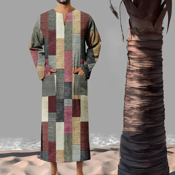 Men's Geometric Pattern Shirt Button Up Shirt Muslim Thobe Long Sleeve Vintage Fashion Designer Outdoor Fall & Winter V Neck Print Yellow Light Green Pink Blue Green