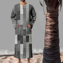 Men's Geometric Pattern Shirt Button Up Shirt Muslim Thobe Long Sleeve Vintage Fashion Designer Outdoor Fall & Winter V Neck Print Yellow Light Green Pink Blue Green