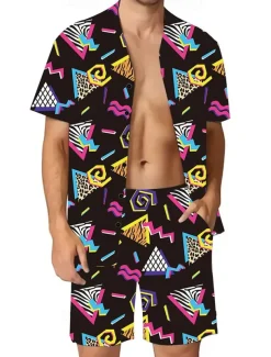 Men's Geometric 2pcs Shirts Sets Summer Tops Short Sleeve Short Pants Turndown Casual Outdoor Home Casual 3D Print Summer Robin's Egg Blue Black Red