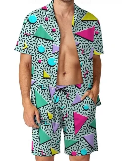 Men's Geometric 2pcs Shirts Sets Summer Tops Short Sleeve Short Pants Turndown Casual Outdoor Home Casual 3D Print Summer Robin's Egg Blue Black Red