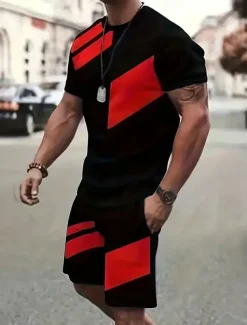 Men's Geometric 2pcs Tees sets Summer Tops Short Sleeve Short Pants Crew Neck Athleisure Sport Casual Daily 3D Print Summer Robin's Egg Blue Grey Green