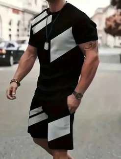 Men's Geometric 2pcs Tees sets Summer Tops Short Sleeve Short Pants Crew Neck Athleisure Sport Casual Daily 3D Print Summer Robin's Egg Blue Grey Green