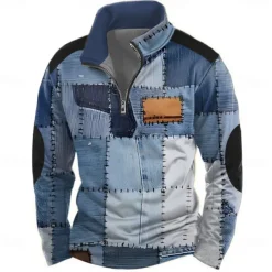 Men's Geometric Plaid 3D Sweatshirt Casual Long Sleeve High Neck Party Club Blue Brown Zipper Quarter Zip Fall Winter Designer