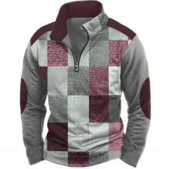 Men's Geometric Plaid Sweatshirt Casual Vintage Retro Long Sleeve High Neck Outdoor Streetwear Red Blue Zipper Quarter Zip Fall Winter Designer