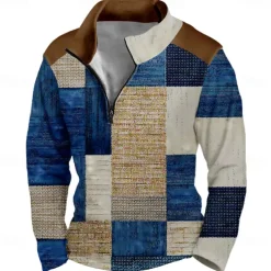 Men's Geometric Plaid Sweatshirt Sports Fashion Long Sleeve Zip Home Party Work Blue Brown Fall All Seasons Designer