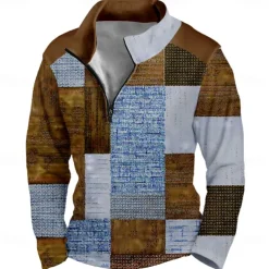 Men's Geometric Plaid Sweatshirt Sports Fashion Long Sleeve Zip Home Party Work Blue Brown Fall All Seasons Designer