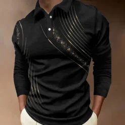 Men's Geometric Polo Shirts Golf Shirt Long Sleeve Polo Shirts Collared Shirts Business Casual WorkWear Formal Wear Festival Wear Buttons 3D Print Black