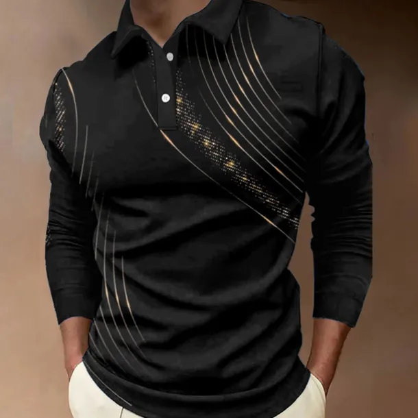Men's Geometric Polo Shirts Golf Shirt Long Sleeve Polo Shirts Collared Shirts Business Casual WorkWear Formal Wear Festival Wear Buttons 3D Print Black