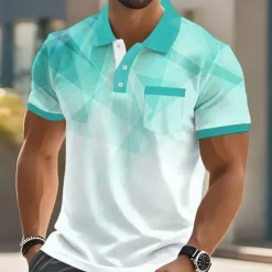 Men's Geometric Polo Short Sleeve Turndown Business Casual Daily Sports & Outdoor Business Casual Daily Pocket Buttons Summer Robin's Egg Blue Dark Blue Green