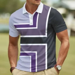 Men's Geometric Polo Short Sleeve Polo Shirts Collared Shirts Casual Athleisure Daily Wear Buttons Summer Pink Blue Purple