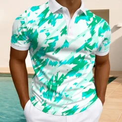 Men's Geometric Polo Short Sleeve Polo Shirts Collared Shirts Casual Athleisure Daily Wear Buttons Summer White Light Green Blue