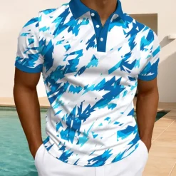 Men's Geometric Polo Short Sleeve Polo Shirts Collared Shirts Casual Athleisure Daily Wear Buttons Summer White Light Green Blue