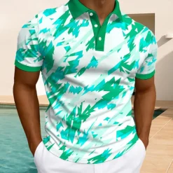 Men's Geometric Polo Short Sleeve Polo Shirts Collared Shirts Casual Athleisure Daily Wear Buttons Summer White Light Green Blue