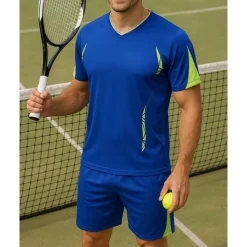 Men's Geometric Sports Set Tennis Set Two-piece Suit Short Sleeves Printing Sweat-Wicking Moisture Wicking Breathable Tennis Golf Pickleball V Neck Blue Green Tennis Clothing