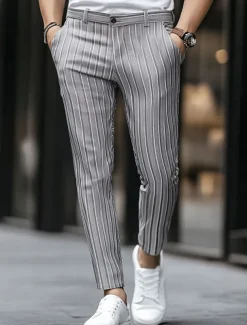 Men's Geometric Striped Dress Pants Trousers Mid Waist Business Casual Outdoor Vacation Streetwear with Pockets Slim Fit Flat-Front Summer Spring Fall 3D Print khaki Gray
