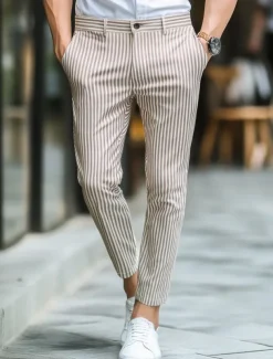 Men's Geometric Striped Dress Pants Trousers Mid Waist Business Casual Outdoor Vacation Streetwear with Pockets Slim Fit Flat-Front Summer Spring Fall 3D Print khaki Gray