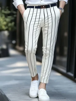 Men's Geometric Striped Dress Pants Trousers Mid Waist Business Casual Outdoor Vacation Streetwear with Pockets Slim Fit Flat-Front Summer Spring Fall 3D Print Yellow Beige Gray