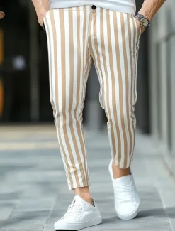 Men's Geometric Striped Dress Pants Trousers Mid Waist Business Casual Outdoor Vacation Streetwear with Pockets Slim Fit Flat-Front Summer Spring Fall 3D Print Yellow Beige Gray