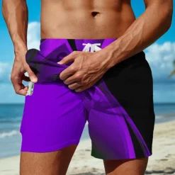 Men's Geometric Waves Gradient Color Lined Shorts 2 in 1 Board Shorts Swim Shorts Mid Waist Hawaiian Holiday Beach Wear Side Pockets With Compression Liner Elastic Drawstring Waist Designer Clothing