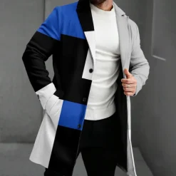 Men's Geometric Winter Coat Fleece Jacket Overcoat Thermal Comfortable Casual Party Evening Wear Street Daily Wear Buttons 3D Print Front Pocket Winter Turndown Long Sleeve Yellow Red Blue