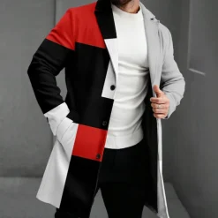 Men's Geometric Winter Coat Fleece Jacket Overcoat Thermal Comfortable Casual Party Evening Wear Street Daily Wear Buttons 3D Print Front Pocket Winter Turndown Long Sleeve Yellow Red Blue