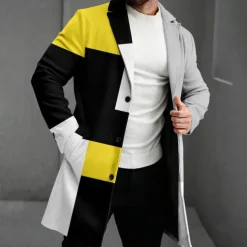 Men's Geometric Winter Coat Fleece Jacket Overcoat Thermal Comfortable Casual Party Evening Wear Street Daily Wear Buttons 3D Print Front Pocket Winter Turndown Long Sleeve Yellow Red Blue