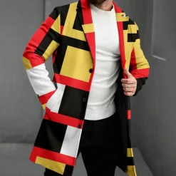 Men's Geometric Winter Coat Fleece Jacket Overcoat Thermal Comfortable Casual Party Evening Wear Daily Wear Buttons 3D Print Front Pocket Winter Turndown Long Sleeve Red Blue Green