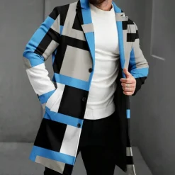 Men's Geometric Winter Coat Fleece Jacket Overcoat Thermal Comfortable Casual Party Evening Wear Daily Wear Buttons 3D Print Front Pocket Winter Turndown Long Sleeve Red Blue Green