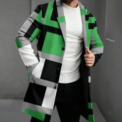 Men's Geometric Winter Coat Fleece Jacket Overcoat Thermal Comfortable Casual Party Evening Wear Daily Wear Buttons 3D Print Front Pocket Winter Turndown Long Sleeve Red Blue Green