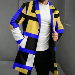 Men's Geometric Winter Coat Fleece Jacket Overcoat Thermal Comfortable Casual Party Evening Wear Daily Wear Buttons 3D Print Front Pocket Winter Turndown Long Sleeve Red Blue Green