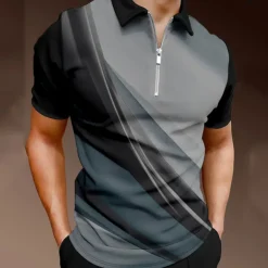 Men's Geometric Zip Polo Shirts Golf Shirt Short Sleeve Polo Shirts Collared Shirts Business Casual Vacation Wear Formal Wear Festival Wear 3D Print Quarter Zip Polo Black / Gray Blue Purple