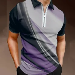 Men's Geometric Zip Polo Shirts Golf Shirt Short Sleeve Polo Shirts Collared Shirts Business Casual Vacation Wear Formal Wear Festival Wear 3D Print Quarter Zip Polo Black / Gray Blue Purple