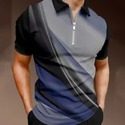 Men's Geometric Zip Polo Shirts Golf Shirt Short Sleeve Polo Shirts Collared Shirts Business Casual Vacation Wear Formal Wear Festival Wear 3D Print Quarter Zip Polo Black / Gray Blue Purple