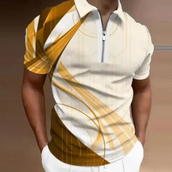 Men's Geometric Zip Polo Shirts Golf Shirt Short Sleeve Polo Shirts Collared Shirts Business Casual Vacation Wear Formal Wear Festival Wear 3D Print Quarter Zip Polo Yellow Army Green Red