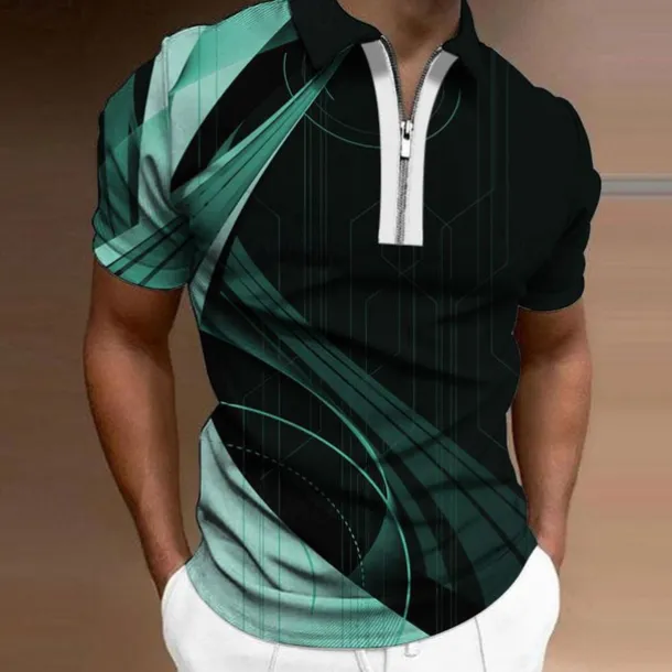 Men's Geometric Zip Polo Shirts Golf Shirt Short Sleeve Polo Shirts Collared Shirts Business Casual Vacation Wear Formal Wear Festival Wear 3D Print Quarter Zip Polo Yellow Army Green Red