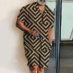 Men's Geometry Ethnic 2pcs Shirts Sets Summer Hawaiian Shirt Short Sleeve Short Pants Cuban Collar Fashion Streetwear Designer Outdoor Street Daily Print Summer Spring Black Yellow Blue