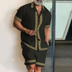 Men's Geometry Ethnic 2pcs Shirts Sets Summer Hawaiian Shirt Short Sleeve Short Pants Cuban Collar Fashion Streetwear Designer Outdoor Street Daily Print Summer Spring Black Yellow Blue