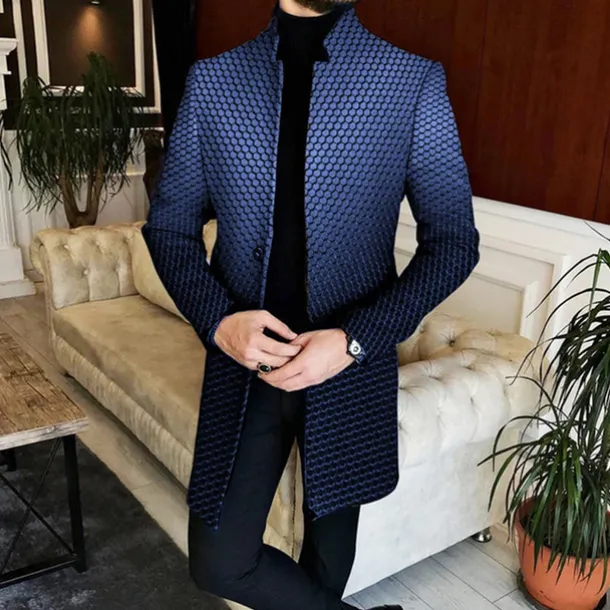 Men's Geometry Gradual Winter Coat Overcoat Coat Warm Breathable Comfortable Business Casual Work Wear to work Going out Pocket Print Fall & Winter Stand Collar Long Sleeve Navy Blue Blue Gray
