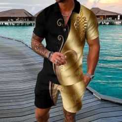 Men's Geometry Polo Shirt Golf Shirt Polo Set Short Sleeve Shirt Turndown Street Casual Black Yellow Blue Light Blue Zipper 2 Piece Clothing Apparel Fashion Designer Casual Breathable